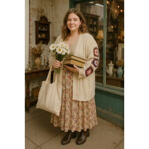 Shein Curve Bohemian Open Cardigan 1XL Granny Crochet Sleeve Cream Indie Peasant